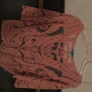 Peach embellished blouse with sheer accents